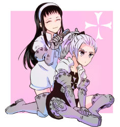 10s 2girls ^_^ armor black_hair closed_eyes guila hair_brush hair_ornament hairband indian_style jericho_(nanatsu_no_taizai) kneeling long_hair multiple_girls nanatsu_no_taizai noshima outside_border ponytail silver_hair sitting smile