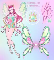 1girl alternate_costume bad_id bad_twitter_id bare_shoulders barefoot blonde_hair bottle breasts chocofish cleavage colorful_background commentary double_bun earrings elbow_gloves enchantix english_commentary expressionless fairy fairy_wings forehead full_body gloves green_leotard green_wings hair_bun instagram_username jewelry knees leotard long_hair magical_girl multicolored_hair paw_earrings pink_gloves pink_hair reference_sheet roxy_(winx_club) solo streaked_hair toes twitter_username two-tone_hair very_long_hair watermark wavy_hair wings winx_club