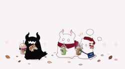 3others apron beret bow cookie cup disposable_cup drink drinking drinking_straw eating food grey_background hat highres holding holding_cup holding_food horns hoshikui multiple_others no_humans notice_lines original red_scarf scarf shoutarou_(shoutarotttt) simple_background speech_bubble star_(symbol) striped_bow white_background white_eyes