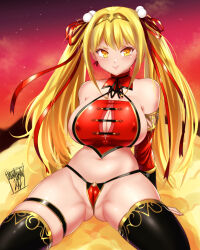 1girl alternate_breast_size black_thighhighs blonde_hair blush breasts cameltoe circlet closed_mouth cloud commentary crossed_ankles danmakuman evertale headband highres jacket jewelry journey_to_the_west large_breasts long_hair monkey_girl monkey_tail open_clothes panties red_footwear side-tie_panties skindentation sky star_(sky) star_(symbol) starry_sky sun_wukong sun_wukong_(evertale) tail thighhighs thighlet twintails underwear yellow_eyes