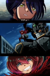 1girl 2girls absurdres amate_yuzuriha aqua_eyes black_getter black_hair bodysuit breasts cape commentary_request fujitaka_nasu getter_robo gundam gundam_gquuuuuux hair_bun highres jacket long_hair looking_at_viewer mecha mecha_pilot_suit multicolored_bodysuit multiple_girls nagare_ryoma normal_suit_(gundam) nyaan_(gundam_gquuuuuux) open_mouth parody red_hair robot scarf science_fiction shin_getter_robo short_hair smile style_parody torn_clothes translated yellow_eyes