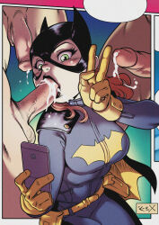 1girl 3boys batgirl belt black_cape bodysuit breasts brown_hair cape cum dc_comics fellatio gloves highres long_hair mask multiple_boys oral penis r_ex selfie superhero_costume v yellow_belt yellow_cape yellow_gloves