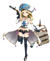 1girl antique_firearm armpits artist_request bad_source bare_shoulders belt blonde_hair blue_eyes blush breasts detached_sleeves earrings fang firearm firelock flintlock full_body game_cg gloves gun holding holding_gun holding_suitcase holding_weapon jewelry official_art sennen_sensou_aigis shorts solo standing standing_on_one_leg suitcase sword tanya_(sennen_sensou_aigis) third-party_source transparent_background weapon