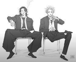 Rule 34 | 2boys, alternate costume, bell-bottoms, belt, black coat, black hair, black shirt, black suit, chair, cigarette, coat, drink, elbow rest, formal clothes, full body, getou suguru, gojou satoru, greyscale, hand in pocket, highres, holding, holding drink, jewelry, juice carton, jujutsu kaisen, leg up, long hair, male focus, messy hair, monochrome, multiple boys, necklace, ntyk no, on chair, pants, shirt, short hair, sitting, smoking, suit, vest, white hair, white vest