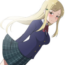 10s 1girl arms_behind_back blazer blonde_hair blush bow brown_eyes closed_mouth dutch_angle hair_ornament hairclip half-closed_eyes hidaka_koharu high_score_girl honda_naoki jacket long_hair long_sleeves looking_at_viewer miniskirt pleated_skirt red_bow school_uniform simple_background skirt smile white_background wind