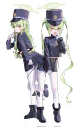 2girls :d black_boots blue_archive blue_hat blue_jacket blush boots buttons closed_mouth double-breasted fang full_body gloves green_hair green_halo hair_between_eyes halo hand_up hashtag-only_commentary hat heto highres hikari_(blue_archive) jacket long_hair long_sleeves looking_at_viewer multiple_girls nozomi_(blue_archive) open_mouth pantyhose pleated_skirt pointy_ears sidelocks simple_background skirt smile standing twintails v v-shaped_eyebrows very_long_hair white_background white_gloves white_pantyhose yellow_eyes