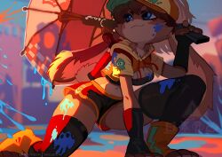 2023 alien animal_ears blue_eyes blue_sky breasts brown_fur footwear_focus furry furry_female gym_bottomwear gym_shorts highres holding holding holding_umbrella ink looking_at_viewer looking_back lop_(star_wars) medium_breasts navel nintendo rabbit_tail shirt shorts skeleion sky smile socks solo splatoon_(series) squatting star_wars star_wars:_visions umbrella