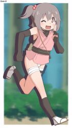 1boy :d artist_name bambi2000line bandaged_leg bandages black_gloves blurry blurry_background bow bulge commentary elbow_gloves full_body gloves grey_hair hair_between_eyes hair_bow highres japanese_clothes kimono male_focus ninja no_pants one_eye_closed onii-chan_wa_oshimai! open_mouth pink_kimono running sandals sash senkawa_minato short_hair short_kimono short_sidetail smile solo trap
