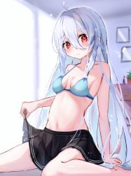 Rule 34 | 1girl, ahoge, arm support, artist name, barefoot, bedroom, black skirt, blue bra, blue hair, blush, bra, breasts, breasts apart, chest of drawers, closed mouth, clothes lift, collarbone, cowboy shot, day, double-parted bangs, fuji sakura, hair between eyes, hair over shoulder, highres, indoors, lens flare, lifting own clothes, linea alba, long bangs, long hair, long sidelocks, looking at viewer, medium breasts, miniskirt, navel, no shirt, on bed, original, plant, pleated skirt, potted plant, red eyes, sidelocks, sitting, skirt, skirt lift, solo, straight hair, underwear, very long hair, very long sidelocks, window