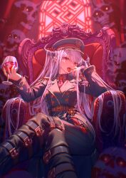 1girl absurdres blood couch crossed_legs cup demon_girl demon_horns drinking_glass epaulettes eyeball fangs fringe_trim hat highres holding holding_cup horns long_hair looking_at_viewer military_uniform necktie open_mouth original peaked_cap pink_hair pointy_ears red_eyes sitting slit_pupils solo spirit tongue tongue_out user_ezcr2553 very_long_hair wine_glass