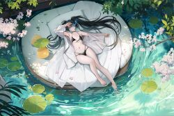 1girl artist_request azur_lane barefoot bikini bird black_bikini black_hair black_nails black_rock_shooter black_rock_shooter_(character) black_rock_shooter_(goddess_in_black) blue_eyes breasts crossover front-tie_bikini_top front-tie_top full_body glowing glowing_eye gluteal_fold hair_between_eyes hair_spread_out highres holding long_hair looking_at_viewer lying manjuu_(azur_lane) nail_polish navel non-web_source official_alternate_costume official_art on_back open_clothes parted_lips scar small_breasts stomach string_bikini swimsuit thigh_gap thighs toenail_polish toenails twintails underboob very_long_hair water