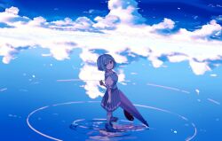 1girl ahoge blue_eyes blue_hair blue_shoes blue_skirt blue_sky blue_vest breasts cloud commentary_request day full_body heterochromia highres holding holding_umbrella karakasa_obake kogasa_day looking_at_viewer medium_breasts outdoors pleated_skirt puffy_short_sleeves puffy_sleeves purple_umbrella red_eyes reflection reflective_water ripples shirt shoes short_hair short_sleeves skirt sky solo standing tami_(joemanyodw) tatara_kogasa touhou umbrella vest water white_shirt