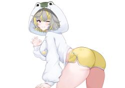 1girl :3 ass ass_focus bent_over blush breasts claw_pose dolphin_shorts hood hoodie looking_at_viewer medium_hair multicolored_hair one_eye_closed original pokuriin second-party_source shorts sideboob sunny_splosion thighs virtual_youtuber white_background