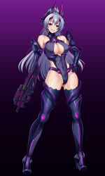 1girl absurdres alternate_breast_size aoi_tabane assault_rifle bare_shoulders black_thighhighs boots breasts bullpup cleavage cleavage_cutout clothing_cutout commission corruption covered_erect_nipples covered_navel dark_persona elbow_gloves full_body gloves gluteal_fold gradient_background grey_hair grin gun hand_on_own_hip harold_japan headgear high_heel_boots high_heels highleg highleg_leotard highres holding holding_gun holding_weapon impossible_clothes impossible_leotard kampfer kouyoku_senki_exs-tia large_breasts large_variant_set leotard long_hair looking_at_viewer mind_controlled_exs-tia p90 personal_defense_weapon purple_background purple_eyes red_eyes rifle senou_natsuru skeb_commission smile solo standing submachine_gun teeth thigh_boots thighhighs variant_set weapon