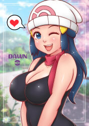 1girl absurdres beanie black_shirt blue_eyes blue_hair blush breasts cleavage cloud collarbone dawn_(pokemon) flower hair_ornament hairclip hat heart highres large_breasts long_hair looking_at_viewer misune_art mountain nintendo one_eye_closed open_mouth poke_ball_print poke_ball_symbol pokemon pokemon_dppt print_headwear red_scarf scarf shirt sky smile speech_bubble spoken_heart standing tank_top teeth tree upper_body white_hat wink