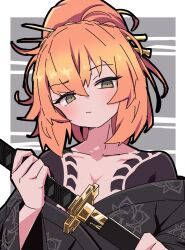 1girl an_apple_akaao black_kimono border breasts cloud_tattoo freckles green_eyes grey_background highres holding holding_sword holding_weapon irezumi ishmael_(project_moon) japanese_clothes kimono kurokumo_clan_(identity)_(project_moon) limbus_company long_hair looking_at_viewer orange_hair project_moon sheath shoulder_tattoo simple_background solo sword tattoo unsheathing upper_body weapon white_border