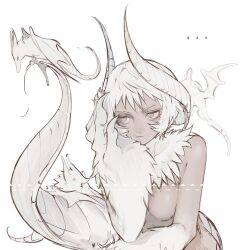 ... 1girl animal_hands breasts claws commentary completely_nude creature dark-skinned_female dark_skin english_commentary grey_eyes hand_on_own_cheek hand_on_own_face head_rest highres horns looking_to_the_side monster_girl nude original senmaze short_hair simple_background small_breasts solo tail upper_body white_background white_hair