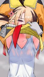1girl absurdres ahoge anger_vein armpits brown_hair clothes_lift collarbone gigi_murin gigi_murin_(1st_costume) grey_background highres hololive hololive_english multicolored_hair nobarts pink_eyes shirt shirt_lift simple_background solo steaming_body sweat tank_top two-tone_hair upper_body virtual_youtuber wet wet_clothes wet_shirt white_tank_top