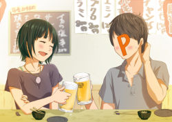 Rule 34 | 00s, 1boy, 1girl, alcohol, beer, brown hair, casual, green hair, idolmaster, idolmaster (classic), mole, mole under mouth, otonashi kotori, producer (idolmaster), short hair, yachiwo, yasuchiki