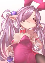 1girl blush breasts granblue_fantasy hair_over_one_eye harvin heart_pasties highres leotard long_hair naughty_face niyon_(granblue_fantasy) one_breast_out pantyhose pasties playboy_bunny pointy_ears purple_hair red_eyes small_breasts smile solo twintails upper_body yggsil