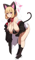 1girl absurdres animal_ear_headphones animal_ears bent_over bikini black_bikini black_jacket black_socks blonde_hair blue_archive blush breasts cat_tail cleavage closed_mouth commentary cosplay eimi_(blue_archive) eimi_(blue_archive)_(cosplay) fake_animal_ears gya_rb halo headphones headphones_around_neck highres huge_breasts jacket looking_at_viewer medium_hair momoi_(blue_archive) multicolored_jacket pink_eyes pink_halo red_jacket simple_background skirt sleeves_past_fingers sleeves_past_wrists smile socks solo swimsuit tail thighs two-tone_jacket very_long_sleeves white_background white_skirt zipper_bikini