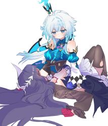 Rule 34 | 2girls, absurdres, black thighhighs, blue dress, blue eyes, blue hair, breasts, cerydra (honkai: star rail), commentary, crown, detached sleeves, dress, hair intakes, highres, honkai: star rail, honkai (series), hysilens (honkai: star rail), large breasts, long hair, looking at another, lying, medium breasts, mini crown, multiple girls, on back, pic p p, purple dress, purple hair, symbol-only commentary, thighhighs, torn clothes, very long hair, wings, yuri