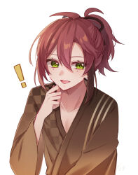 ! 1boy alternate_costume brown_kimono genshin_impact green_eyes hair_between_eyes highres japanese_clothes kimono long_hair long_sleeves looking_at_viewer male_focus mochimori_kusunoki mole mole_under_each_eye mole_under_eye multicolored_hair multiple_moles open_mouth ponytail red_hair shikanoin_heizou smile solo streaked_hair white_background