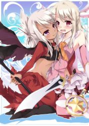 2girls archer_(fate) archer_(fate)_(cosplay) blush bridal_gauntlets chloe_von_einzbern chloe_von_einzbern_(archer_install) cosplay dark-skinned_female dark_skin fate/kaleid_liner_prisma_illya fate/stay_night fate_(series) feather_hair_ornament feathers hair_ornament hug illyasviel_von_einzbern kaleidostick long_hair magical_girl midriff multiple_girls nora-toro open_mouth prisma_illya purple_eyes red_eyes smile staff sword tears weapon white_hair yuri