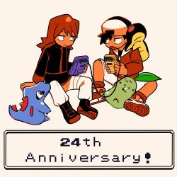 2boys anniversary black_footwear black_jacket black_shirt boots chikorita commentary_request cyndaquil ethan_(pokemon) game_boy game_boy_color game_link_cable gen_2_pokemon handheld_game_console hat holding holding_handheld_game_console jacket long_hair long_sleeves male_focus multiple_boys nintendo on_shoulder pants pokemon pokemon_(creature) pokemon_gsc pokemon_on_shoulder red_jacket shirt shoes shorts silver_(pokemon) sitting starter_pokemon_trio totodile tyako_089 white_background white_pants white_shorts