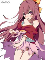 10011018 1girl bare_shoulders blush bow breasts burnt_clothes hair_between_eyes hair_bow hakama hakama_skirt japanese_clothes kamikaze_(kancolle) kantai_collection kimono long_hair medium_breasts meiji_schoolgirl_uniform one-hour_drawing_challenge open_mouth orange_bow pink_hakama purple_eyes red_eyes red_hair simple_background skirt solo sweat torn_clothes torn_skirt twitter_username very_long_hair white_background