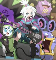 10s 1girl bare_shoulders bass_guitar blue_eyes boots creatures_(company) fangs freckles game_freak gen_1_pokemon gen_3_pokemon gen_5_pokemon green_hair guitar gym_leader hair_bobbles hair_ornament instrument koffing legendary_pokemon looking_at_viewer loudred meloetta meloetta_(aria) mythical_pokemon nintendo open_mouth plectrum pokemoa pokemon pokemon_(creature) pokemon_bw2 roxie_(pokemon) smile standing white_hair