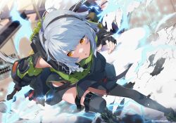 1girl absurdres anby_demara bare_shoulders belted_skirt black_headphones black_thighhighs dynamic_pose electricity fighting fingerless_gloves gloves green_sleeves grey_hair headphones highres holding holding_sword holding_weapon jacket long_sleeves mineta_naoki orange_eyes short_hair sword thighhighs weapon zenless_zone_zero