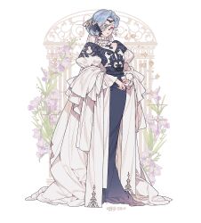 1girl au_ra black_dress black_tiara blush closed_mouth collar commentary commission detached_collar dress embroidery eyepatch final_fantasy floral_background flower freesia_(flower) frilled_collar frilled_dress frilled_sleeves frills full_body hair_ornament lemon89h original parted_bangs purple_flower rococo_movement solo standing tiara very_long_sleeves