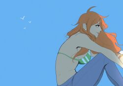 1girl bikini bikini_top_only blue_jeans blue_pants breasts denim earrings green_bikini highres jeans jewelry large_breasts long_hair nami_(one_piece) one_piece orange_hair pants sideboob sitting solo swimsuit tagme