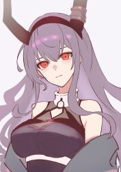 1girl aoi_tooru arknights bare_shoulders black_hairband black_shirt breasts closed_mouth commentary_request eyebrows_hidden_by_hair grey_background grey_hair hair_between_eyes hairband highres horns jacket long_hair looking_at_viewer medium_breasts off_shoulder red_eyes shirt simple_background sleeveless sleeveless_shirt solo typhon_(arknights) upper_body