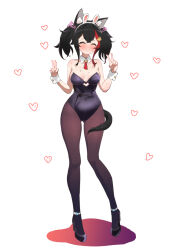 1girl alternate_hairstyle animal_ears bare_arms bare_shoulders black_footwear black_hair black_leotard black_pantyhose blush breasts cleavage closed_eyes clothing_cutout commentary cutout_above_navel detached_collar double_v embarrassed fake_animal_ears full-face_blush full_body gluteal_fold heart_cutout highleg highleg_leotard highres hololive kani_bonara legs_apart leotard long_hair medium_breasts multicolored_hair nervous_sweating ookami_mio pantyhose playboy_bunny rabbit_ears red_hair solo strapless strapless_leotard strappy_heels streaked_hair sweat tail tail_around_own_leg tail_wrap thigh_gap twintails v very_sweaty virtual_youtuber wing_collar wolf_ears wolf_girl wolf_tail wrist_cuffs