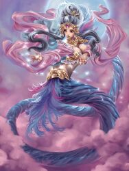 1girl bird black_eyes black_hair blue_feathers blue_scales breasts chinese_mythology cloud feather_hair_ornament feathers floating frilled_shirt frills full_moon gem glowing_bird gold_ring gold_tiara gorget hair_ornament highres lamia large_breasts long_sleeves looking_to_the_side monster_girl moon nuwa_(chinese_mythology) outdoors pink_clouds pink_feathers pink_gemstone pink_shawl pink_sky pursed_lips reaching shawl shirt sky solo stomach tan very_long_tail yunaxd