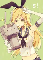 Rule 34 | 1girl, bad id, bad pixiv id, black panties, blonde hair, cosplay, diamond mouth, elbow gloves, eve (meltdown), female focus, gloves, green background, green eyes, hair ribbon, highleg, highleg panties, kantai collection, long hair, md5 mismatch, midriff, panties, personification, rensouhou-chan, ribbon, salute, shimakaze (kancolle), shimakaze (kancolle) (cosplay), skirt, solo, underwear, white gloves