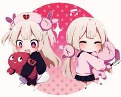 +_+ 1girl :3 armband black_skirt closed_eyes closed_mouth full_body gradient_background hair_ornament hat heart heart_print highres hugging_doll hugging_object knife light_brown_hair lobster long_hair multiple_views musical_note natori_sana natori_sana_(nurse) natori_sana_(school_uniform) nurse_cap pink_background pink_headwear pink_sweater rabbit_hair_ornament red_eyes sana_channel skirt smile star_(symbol) star_symbol_background sweater two_side_up virtual_youtuber you_(noanoamoemoe)
