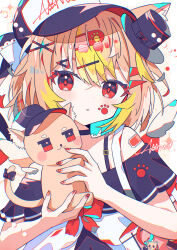 Rule 34 | 1girl, animal, aramedraw, bare shoulders, black hat, blonde hair, blush, border, cat, commentary request, grid background, hat, highres, holding, holding animal, holding cat, looking at viewer, nail polish, off-shoulder shirt, off shoulder, original, outside border, parted lips, paw print, red eyes, red nails, shirt, short hair, short sleeves, signature, solo, top hat, upper body, white border, white hat, white shirt, yellow background