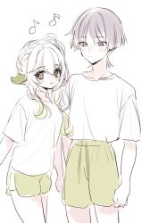 1boy 1girl aged_up arms_at_sides blunt_ends clenched_hand closed_mouth cross-shaped_pupils dolphin_shorts drawstring eyelashes eyeliner eyeshadow genshin_impact green_eyes green_hair green_shorts hair_between_eyes hair_ornament half_crown_braid height_difference highres hirarinoie leaf leaf_hair_ornament light_blush makeup multicolored_hair musical_note nahida_(genshin_impact) open_mouth partially_colored pointy_ears purple_eyes purple_hair red_eyeliner red_eyeshadow scaramouche_(genshin_impact) shirt short_sleeves shorts side_ponytail sidelocks sketch streaked_hair symbol-shaped_pupils teeth upper_teeth_only white_hair white_shirt white_sleeves