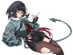 Rule 34 | 1girl, absurdres, animal ears, black gloves, black pantyhose, black shorts, fingerless gloves, garter straps, gloves, highres, jane doe (zenless zone zero), mayutsuba mono, mouse ears, mouse tail, pantyhose, shorts, solo, tail, torn clothes, torn pantyhose, white background, zenless zone zero