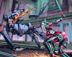 Rule 34 | 1girl, android, battle, black gloves, bodysuit, breasts, chin guard, clip studio paint (medium), gloves, glowing nails, grey hair, highres, hiki 34, holding, holding sword, holding weapon, horns, large breasts, mecha, mecha musume, mechanical legs, power symbol-shaped pupils, red bodysuit, robot, short hair, sidelocks, slit pupils, sword, symbol-shaped pupils, two-sided gloves, virtual youtuber, vshojo, weapon, white hair, zentreya, zentreya (cyborg), zentreya (cyborg) (1st costume)