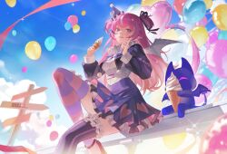 1girl :q against_fence balloon black_hair breasts camila_(vtuber) cleavage_cutout clothing_cutout collar demon_girl demon_tail demon_wings direction_board facial_mark fence food food_on_face frilled_collar frilled_skirt frilled_thighhighs frills hair_ribbon hat high_heels highres holding holding_ice_cream_cone ice_cream ice_cream_cone imp index_finger_raised indie_virtual_youtuber knees_up layered_skirt long_hair long_sleeves looking_at_viewer mismatched_thighhighs multicolored_hair outdoors party_hat pink_hair pointy_ears purple_eyes purple_shrug purple_skirt ribbon shirt shrug_(clothing) sitting skirt sky sleeve_cuffs small_breasts solo streaked_hair striped_clothes striped_thighhighs tail thighhighs three_quarter_view tilted_headwear tongue tongue_out two_side_up virtual_youtuber white_hair white_shirt wings xiisalt