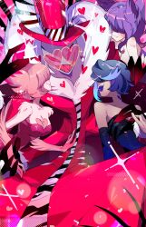 1boy 3girls ama0805 blood coat colored_skin demon_boy fur-trimmed_coat fur_trim hazbin_hotel heart heart-shaped_eyewear highres looking_at_viewer multiple_girls pink_coat purple_skin red_eyes sharp_teeth teeth valentino_(hazbin_hotel)