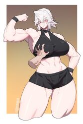 Rule 34 | abs, absurdres, anger vein, angry, armpits, artist name, bare shoulders, biceps, black shorts, black tank top, border, breasts, crop top, dalen zeal, flexing, grabbing another&#039;s breast, groping, highres, large breasts, looking at viewer, midriff, muscular, muscular female, navel, original, pov, red eyes, short hair, short shorts, shorts, sleeveless, tank top, teeth, thick thighs, thighs, twitter username, white border, white hair, wristband, zzzeal