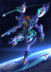 absurdres beam_rifle commentary_request earth_(planet) energy_gun full_body funnels_(gundam) gfred green_eyes gun gundam gundam_gquuuuuux highres holding holding_gun holding_weapon ka_ki_o looking_at_viewer mecha mecha_focus mobile_suit no_humans planet robot science_fiction solo space star_(sky) weapon