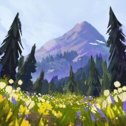 Rule 34 | atmospheric perspective, blue sky, blurry, day, depth of field, field, flower, flower field, forest, landscape, mountain, nature, no humans, original, outdoors, painterly, pine tree, scenery, sky, too many flowers, tree, zandra