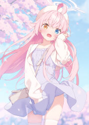 1girl ahoge bag blue_archive blue_eyes blush brown_bag cowboy_shot cropped_jacket dot_nose dress fang floating_hair halo hand_on_own_cheek hand_on_own_face hand_up hat heterochromia highres hoshino_(blue_archive) jacket kani_biimu legs_apart long_hair long_sleeves medium_dress open_mouth outdoors pink_hair purple_dress shoulder_bag skin_fang solo standing straight_hair surprised thighhighs white_halo white_hat white_jacket white_thighhighs yellow_eyes