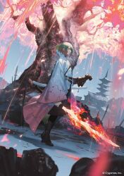 1girl absurdres belt bob_cut copyright_name cygames dutch_angle flaming_sword flaming_weapon from_side full_body green_eyes green_hair haori high_heels highres holding holding_sword holding_weapon house japanese_clothes karasumi_(mages_of_magicary) katana mages_of_magicary mogumo official_art pagoda planted planted_sword planted_weapon sheath sideways_glance standing sword tree weapon